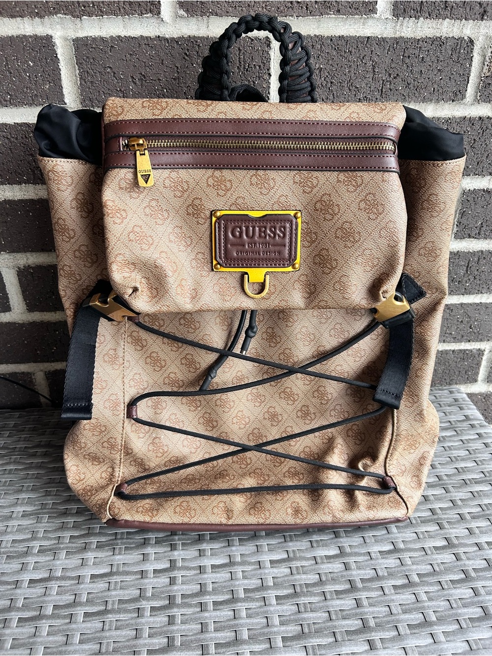 GUESS Beige Monogram Canvas Backpack with Brown Trim
